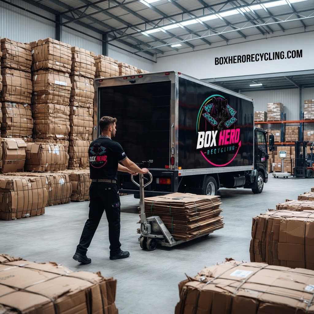 Box Hero Recycling employee moving cardboard toward the recycling vehicle inside a clean commercial warehouse filled with neatly organized cardboard bales