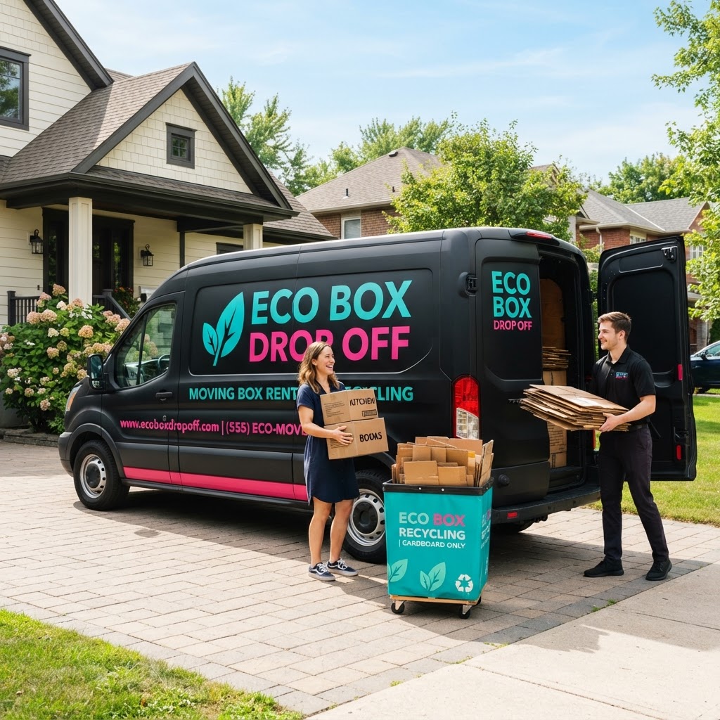 Box Hero Recycling Company van in a residential driveway collecting moving boxes from a smiling homeowner
