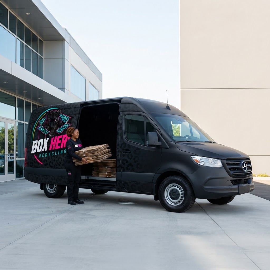 Box Hero Recycling black cargo van arriving at a modern business to pick up cardboard, with a branded employee loading neatly bundled flattened cardboard