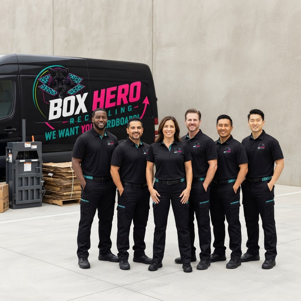 Diverse professional Box Hero Recycling team standing confidently beside their branded black cargo van and recycling equipment in matching uniforms