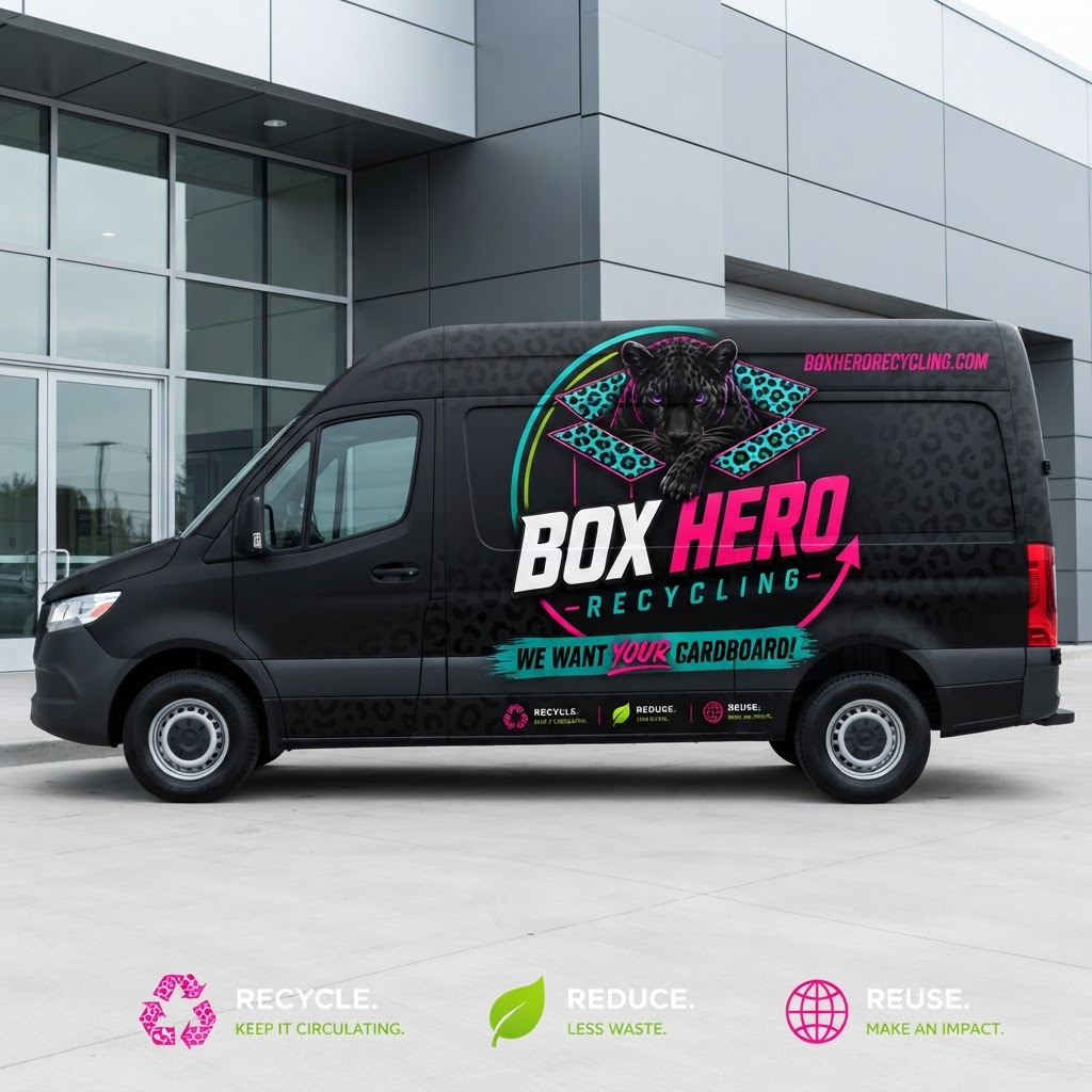 Full side-profile of the Box Hero Recycling black cargo van parked outside a modern commercial building, showing the full panther-logo vehicle wrap