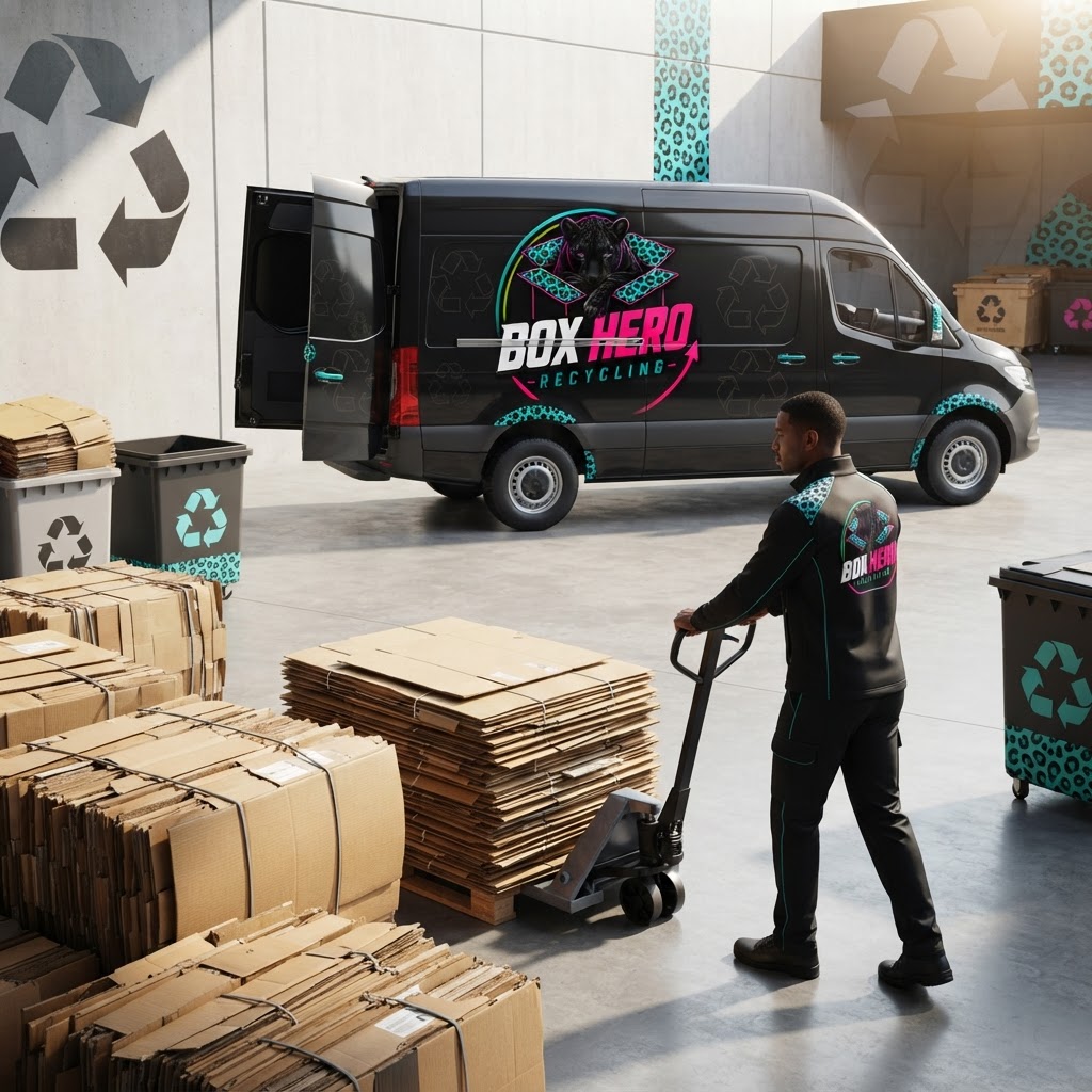 Cardboard being collected and prepared for recycling with a Box Hero branded vehicle and employee in the background, clean and environmentally responsible