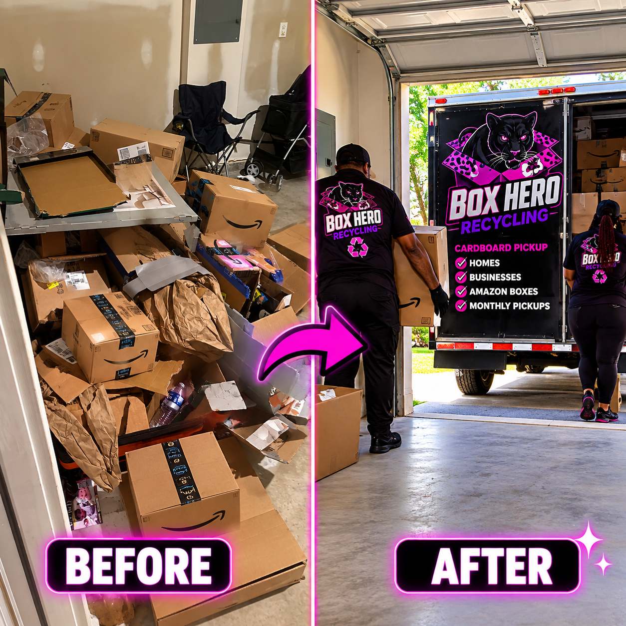 Before and after of a cluttered garage full of Amazon cardboard boxes cleared by the Box Hero Recycling team and their branded trailer