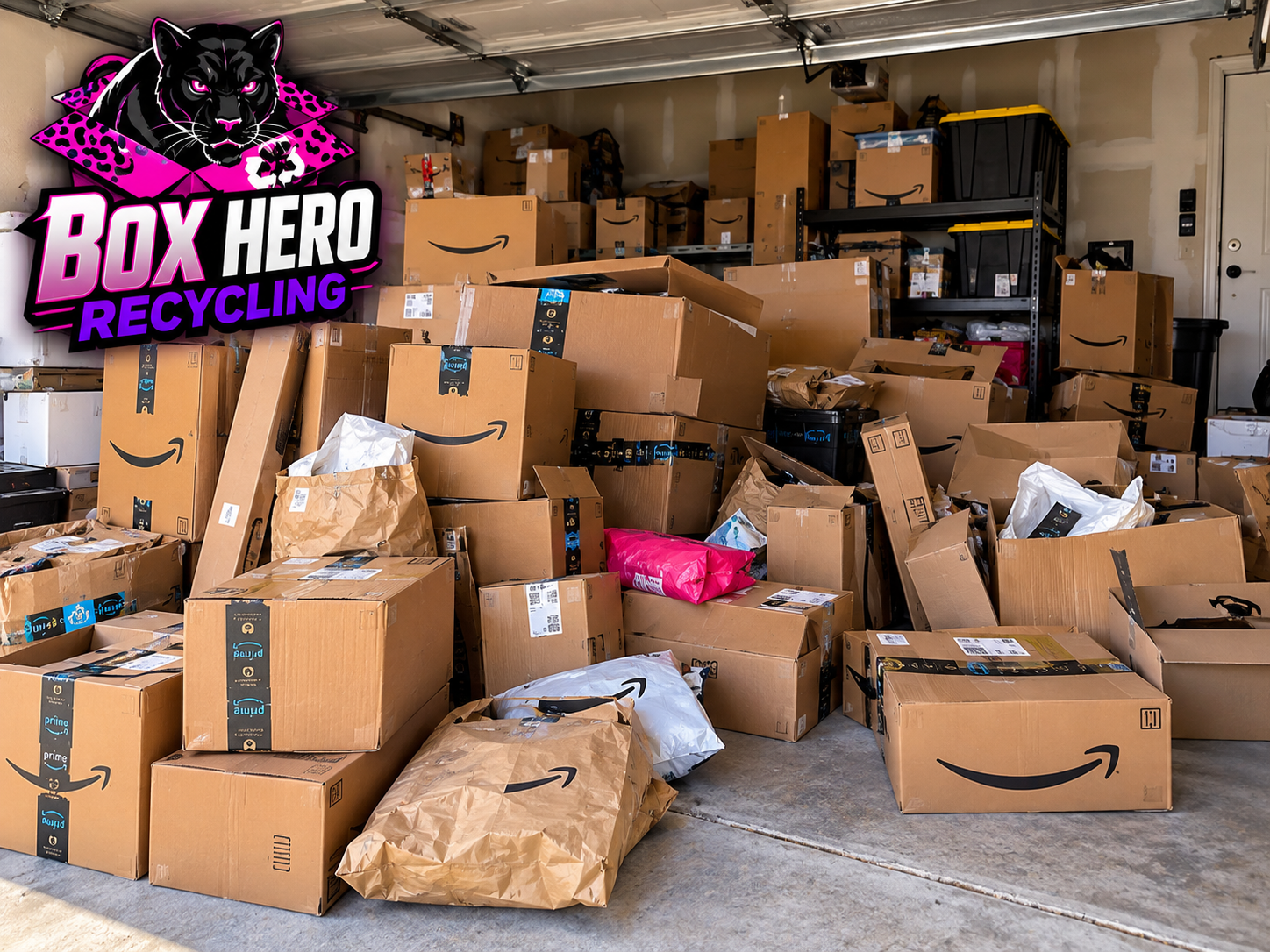 Pile of flattened Amazon cardboard boxes and packaging stacked in a residential garage waiting for Box Hero Recycling pickup