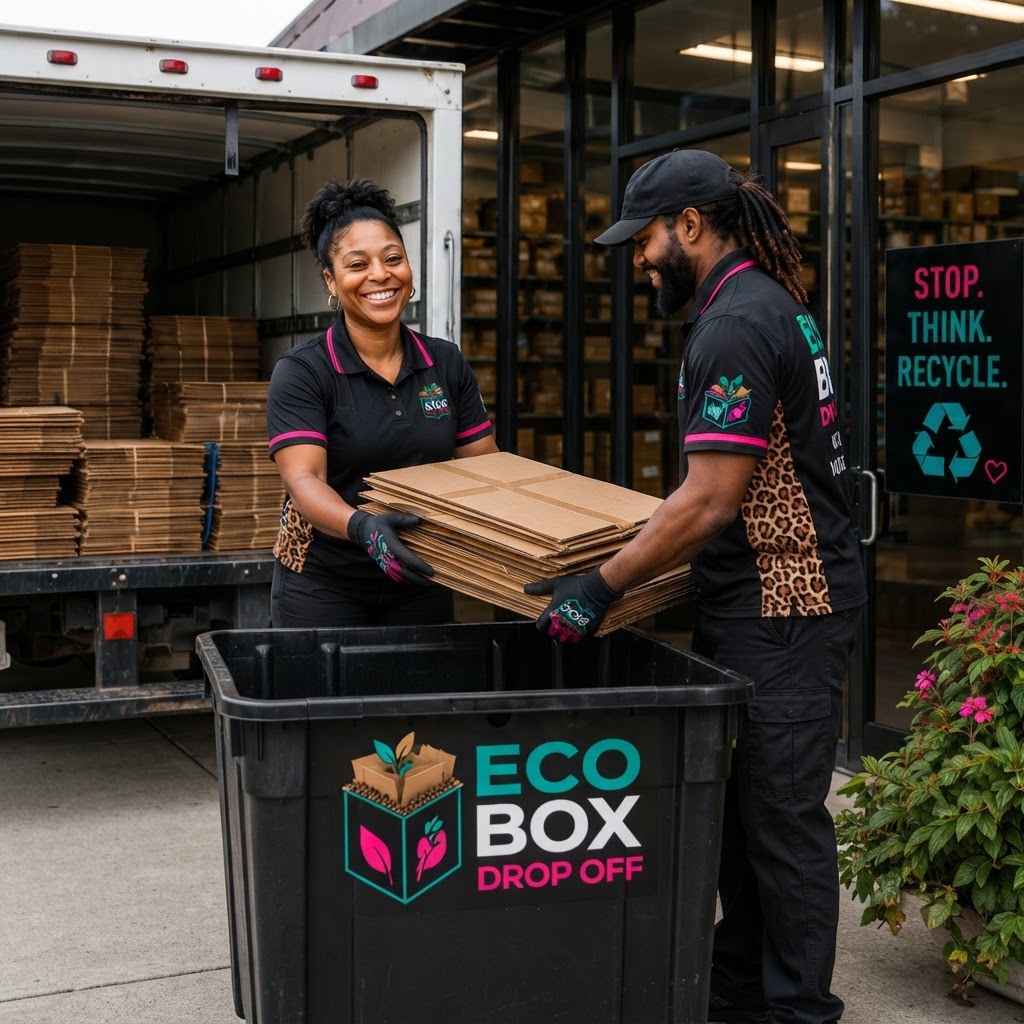Box Hero Recycling Company team in branded black uniforms loading flattened cardboard into a recycling bin
