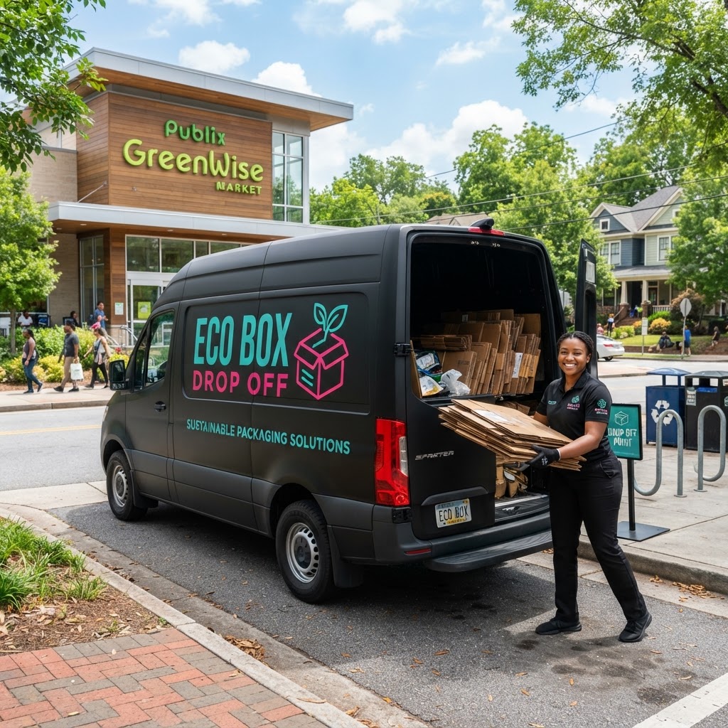 Box Hero Recycling Company branded van parked outside a grocery store while an employee loads flattened cardboard