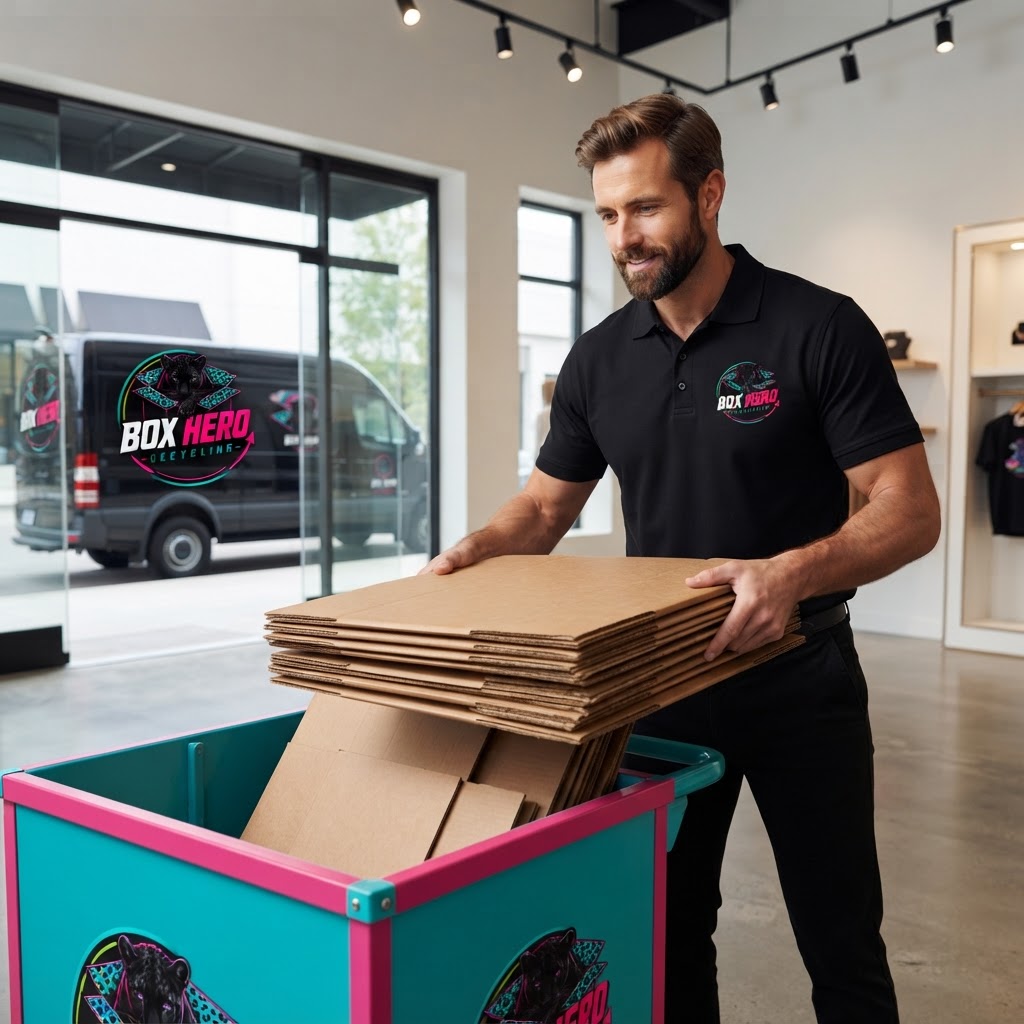 Box Hero Recycling employee collecting flattened cardboard from a stylish retail store, branded recycling cart and black cargo van in the background