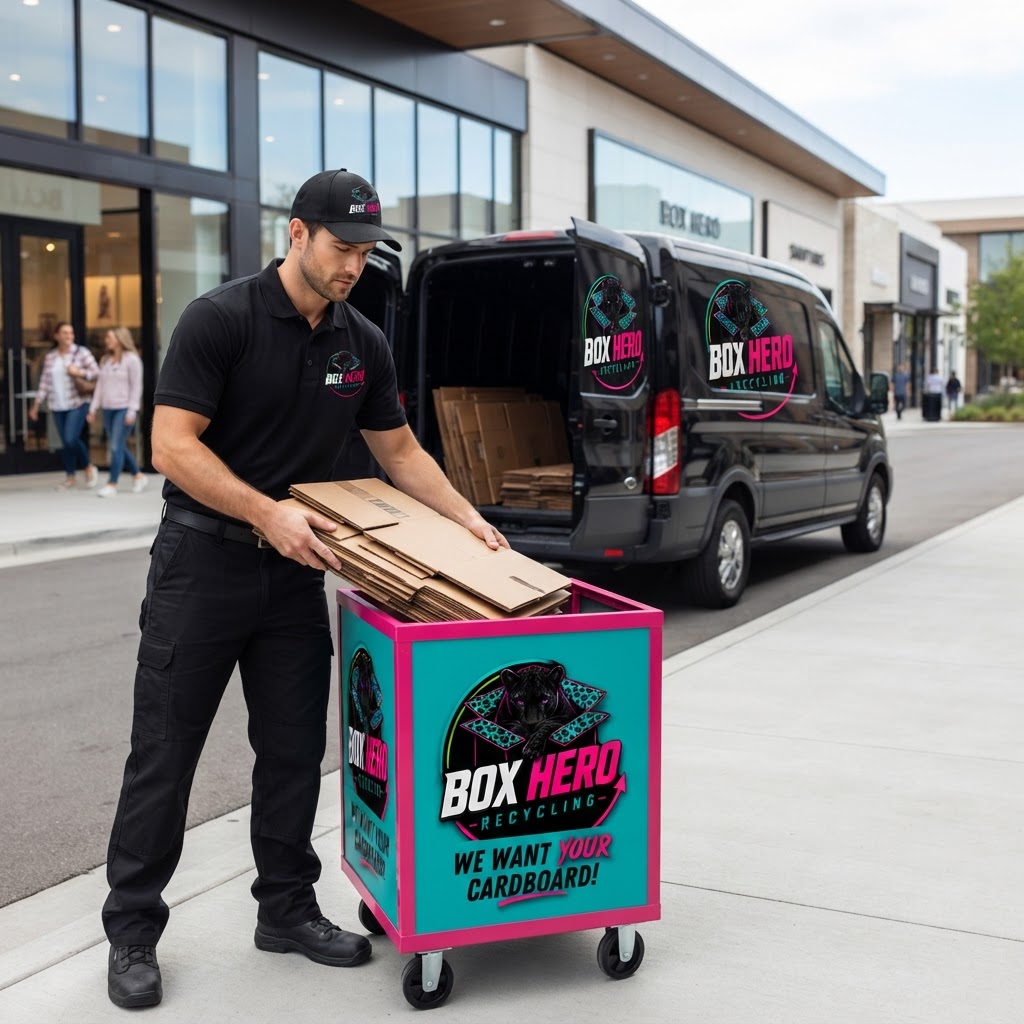 Box Hero Recycling employee picking up cardboard boxes from a busy retail shopping center with a branded recycling cart and black cargo van outside