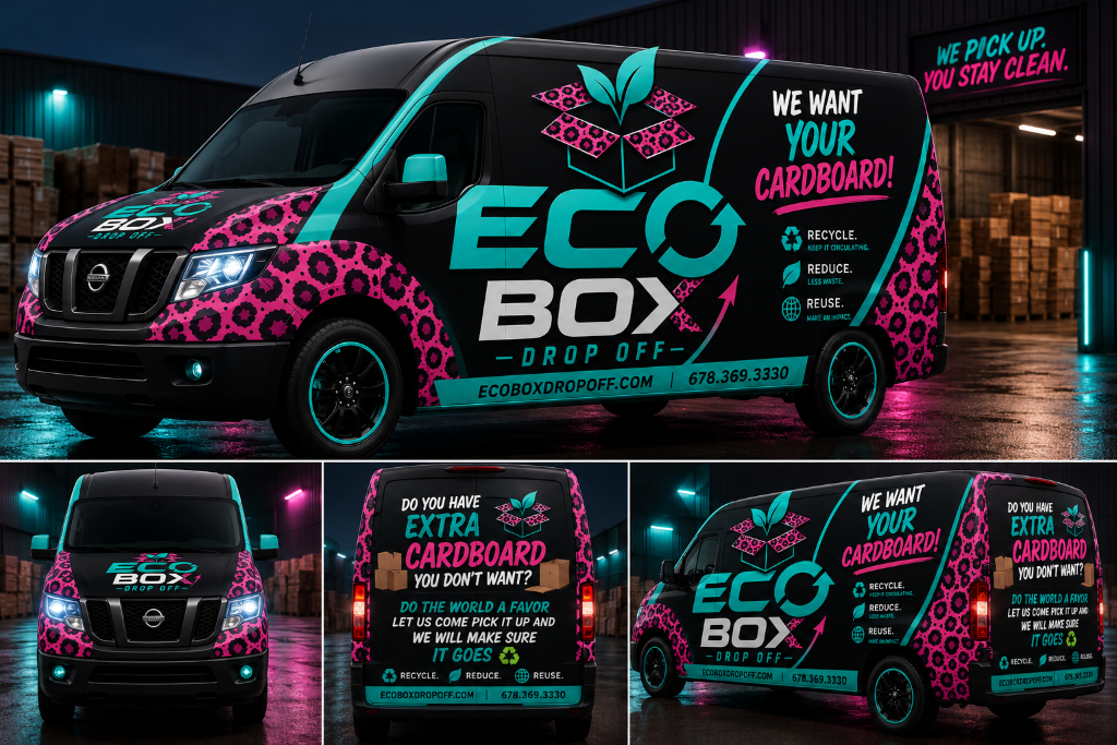 The Box Hero Recycling Company branded matte black cargo van with teal and hot-pink leopard-print wrap, shown from multiple angles in a warehouse