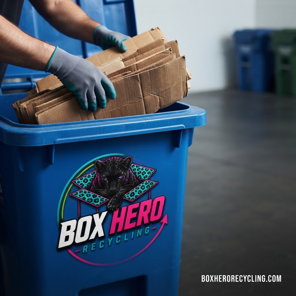 Close-up of gloved hands loading flattened cardboard into a Box Hero Recycling cart showing the panther logo and hot-pink, purple and teal branding