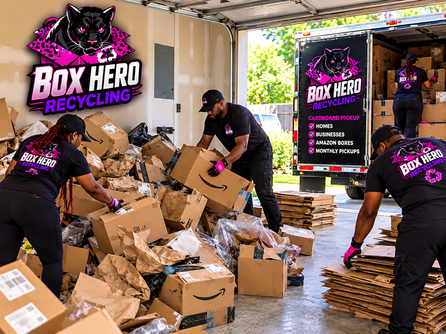 Box Hero Recycling crew in branded uniforms loading Amazon cardboard boxes into the trailer inside a residential garage