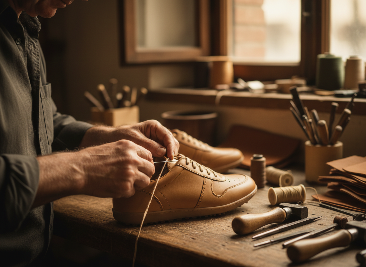 Italian artisan hand-stitching a premium leather sneaker in a traditional workshop