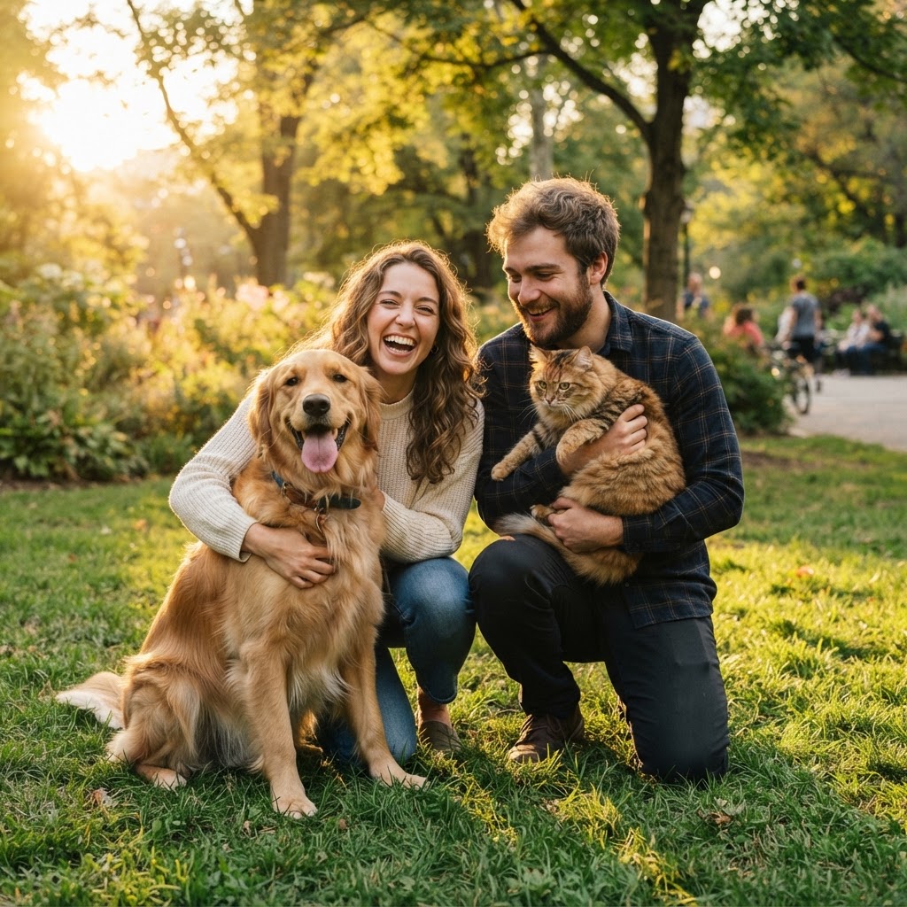 Tutores felizes com seu cachorro e gato em um parque