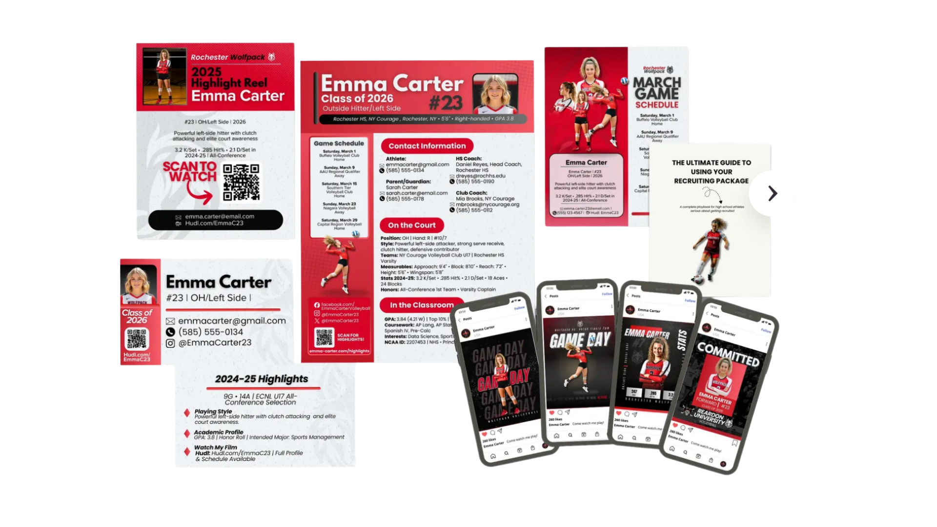 GameOn AIO recruiting assets — flyers, resumes, schedules, social graphics, and QR-linked highlight reels for athletes and teams