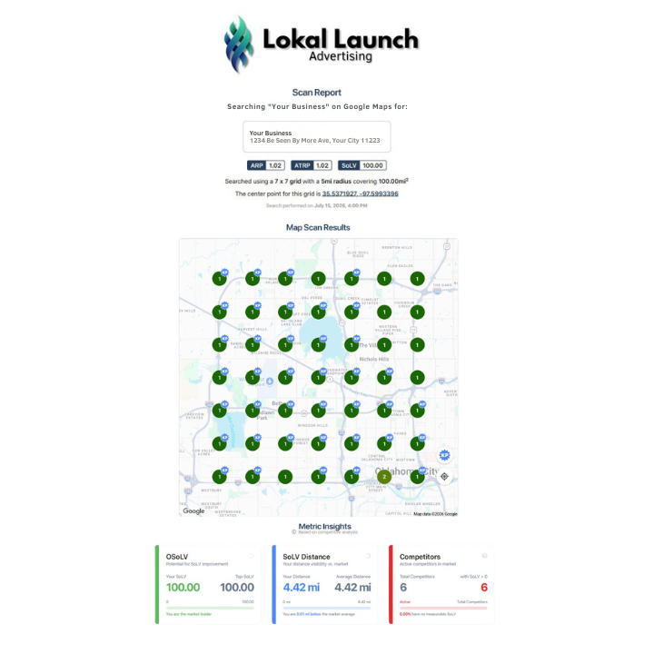 Google Maps ranking scan showing business visibility across multiple locations
