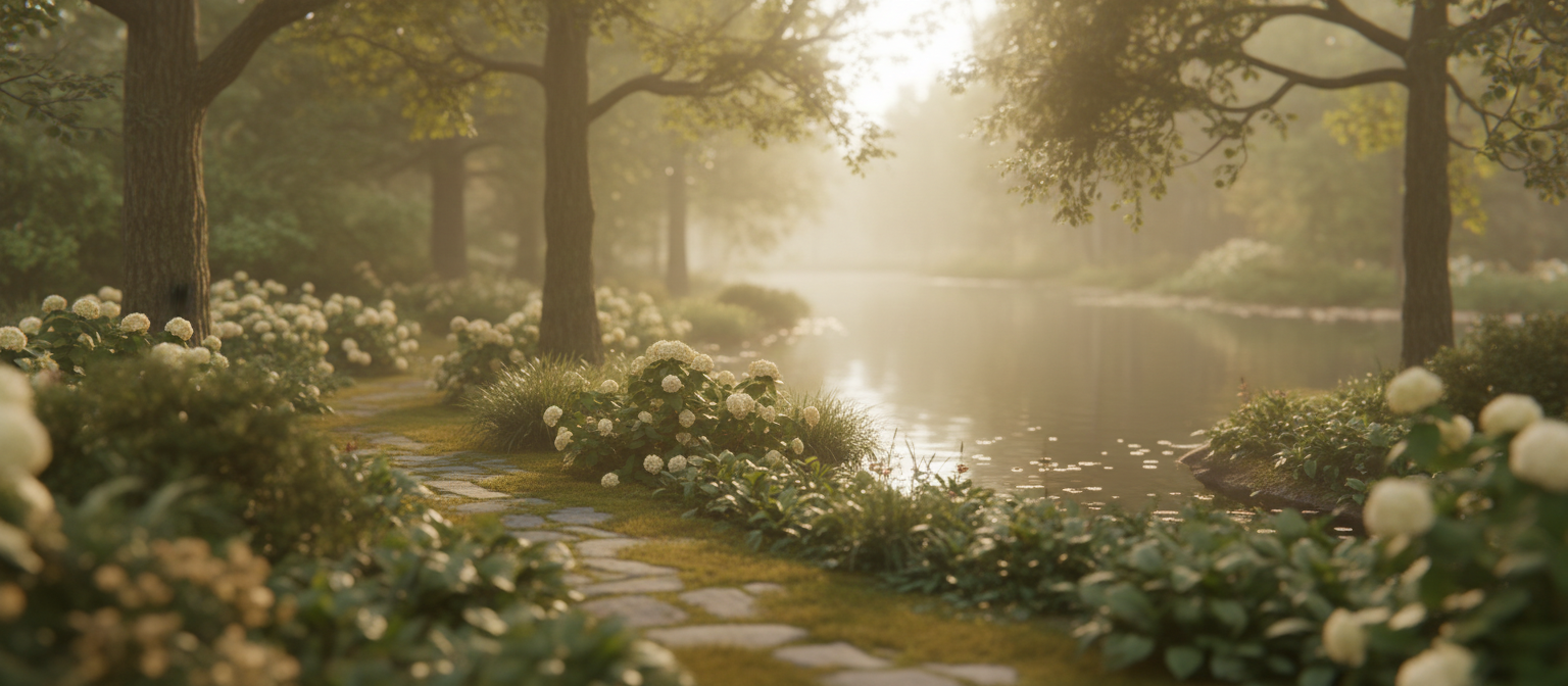 Serene garden path with morning light