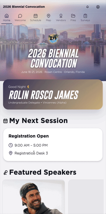Sigma Pi attendee portal home screen on iPhone