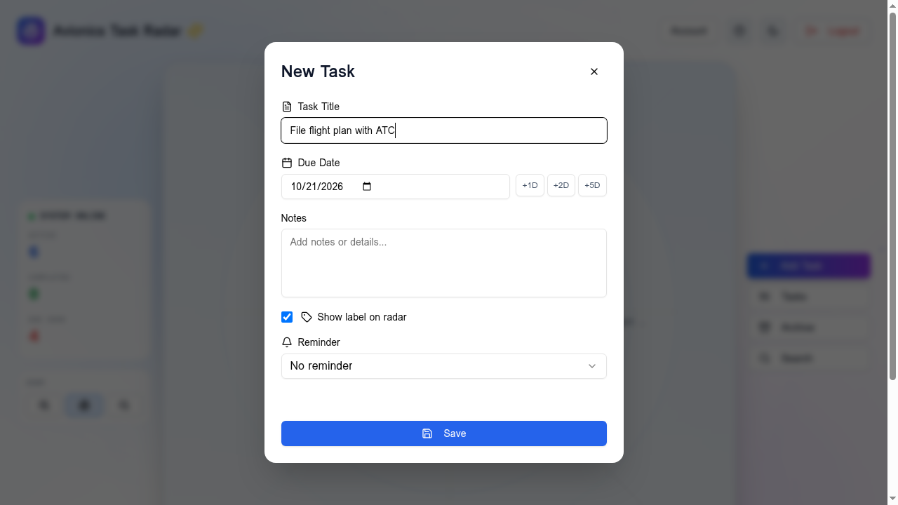 Add Task form with quick-date buttons and reminder options
