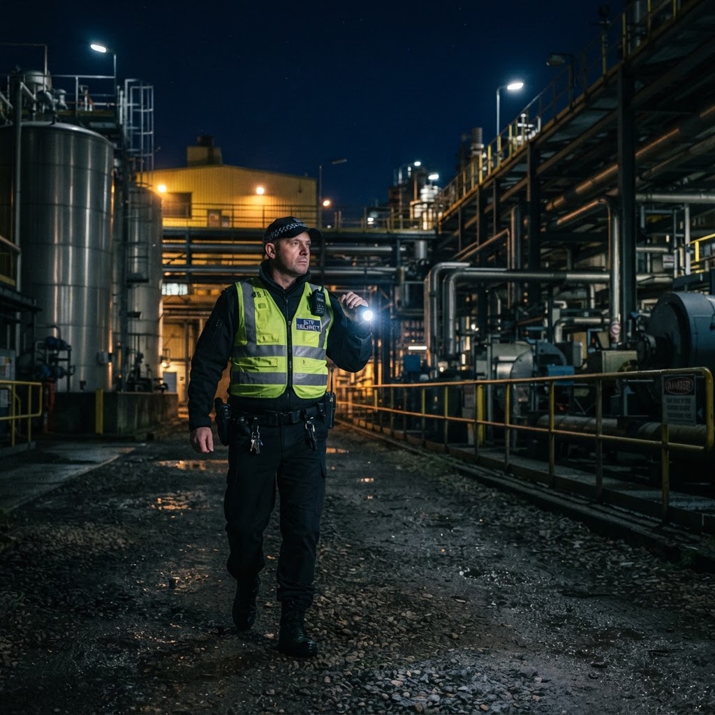 Security officer on night patrol