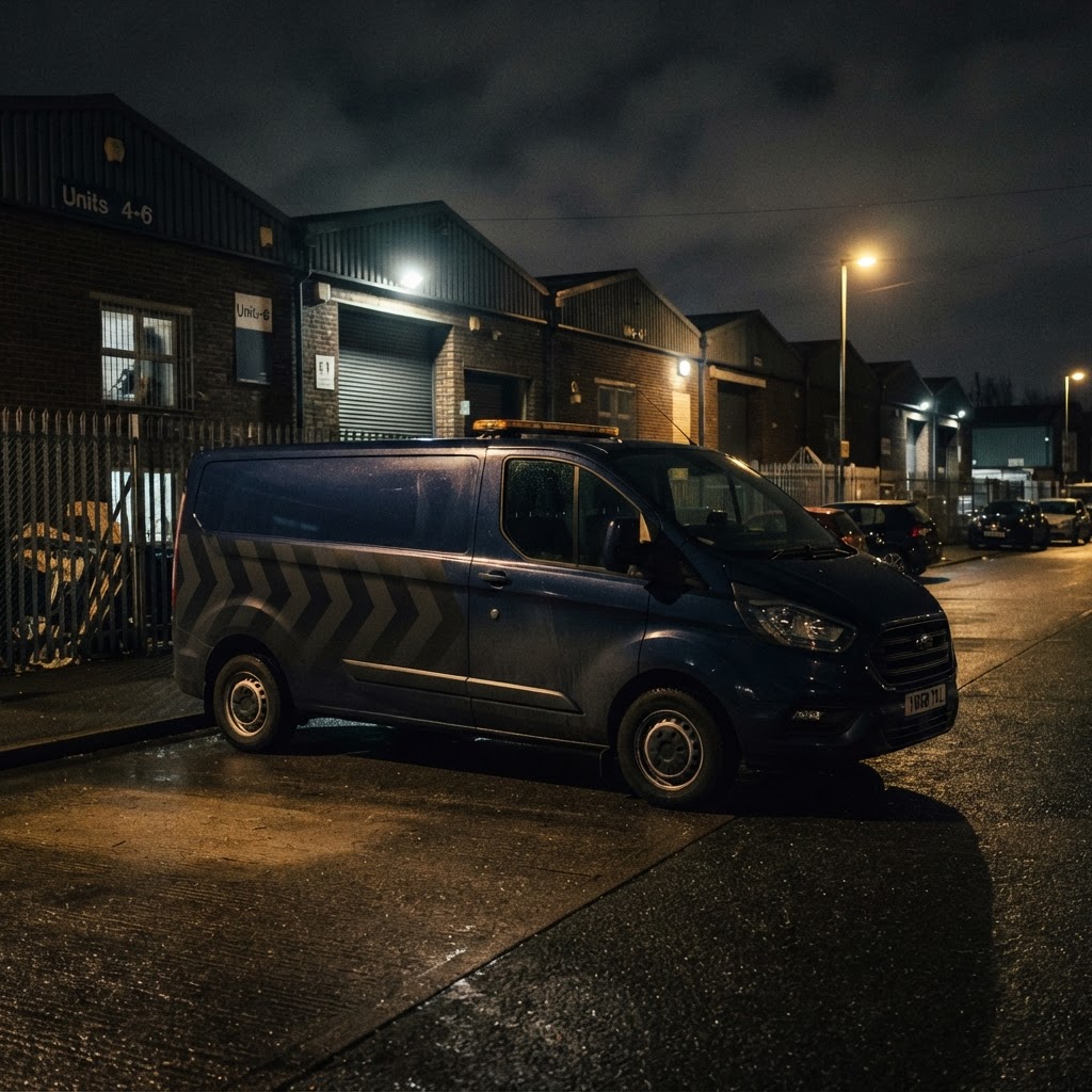 UK security patrol vehicle at a British industrial site