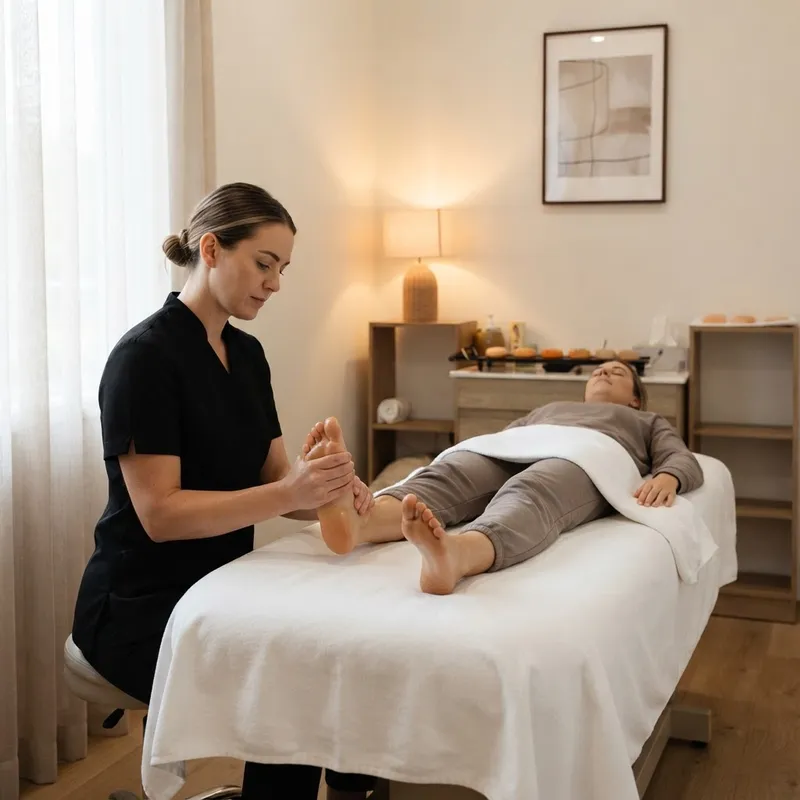 Therapist massaging a client’s foot and calf during a foot and leg massage at Zelica HealthLand