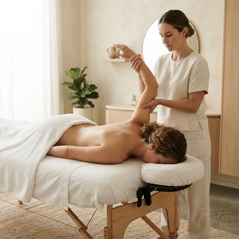 Therapist guiding an assisted arm stretch during a table Thai massage at Zelica HealthLand, West Melbourne