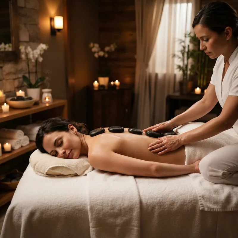 Smooth heated massage stones placed along a client’s back during a hot stone massage at Zelica HealthLand