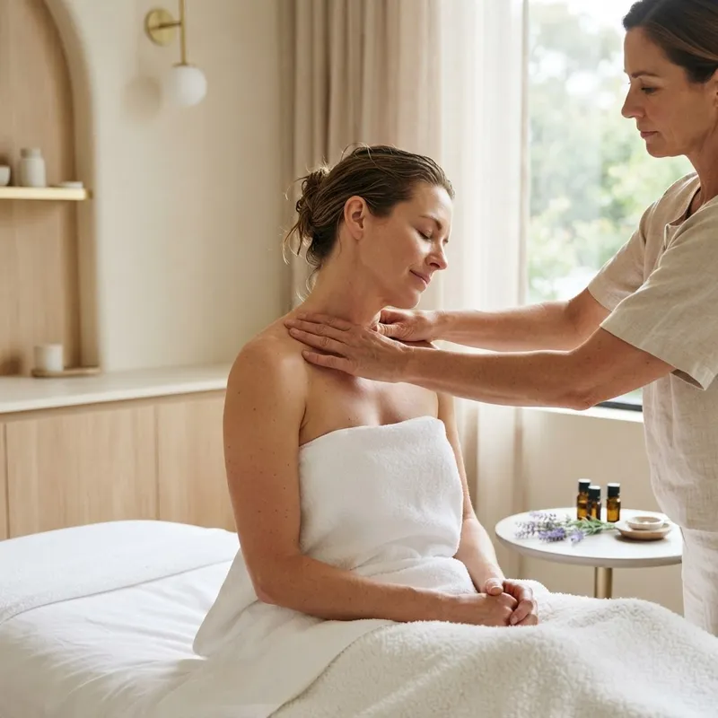Therapist massaging a client’s shoulders with essential oils during an aromatherapy massage at Zelica HealthLand