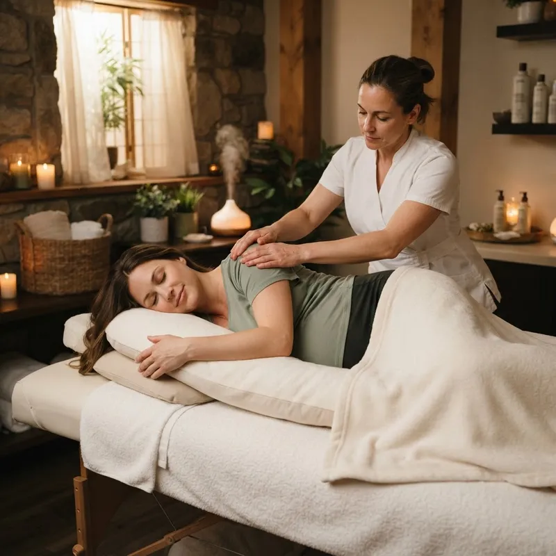 Pregnant client resting side-lying with supportive pillows during a pregnancy massage at Zelica HealthLand