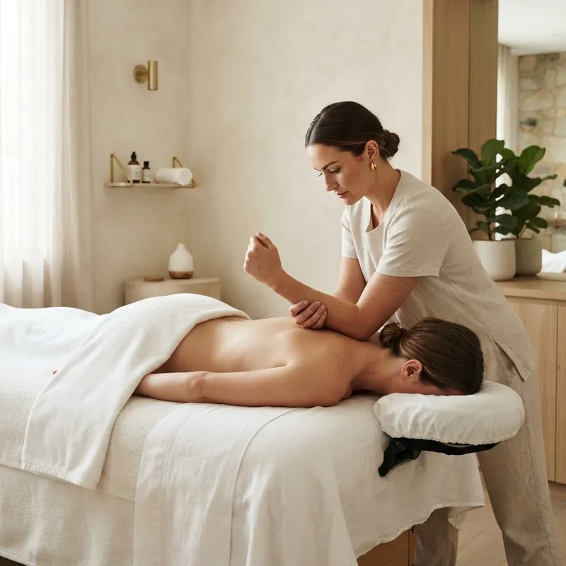 Therapist using slow forearm pressure during a Swedish deep tissue massage at Zelica HealthLand, West Melbourne