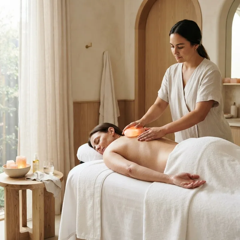 Therapist gliding warm pink Himalayan salt stones along a client’s back at Zelica HealthLand, West Melbourne