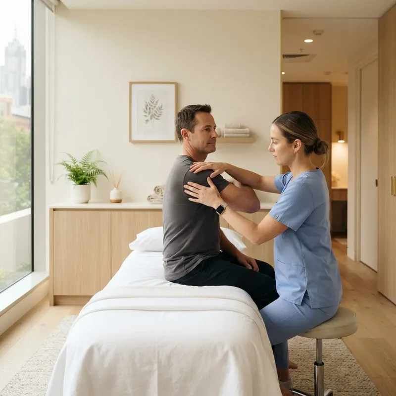 Myotherapist assessing a client’s shoulder in a calm treatment room at Zelica HealthLand