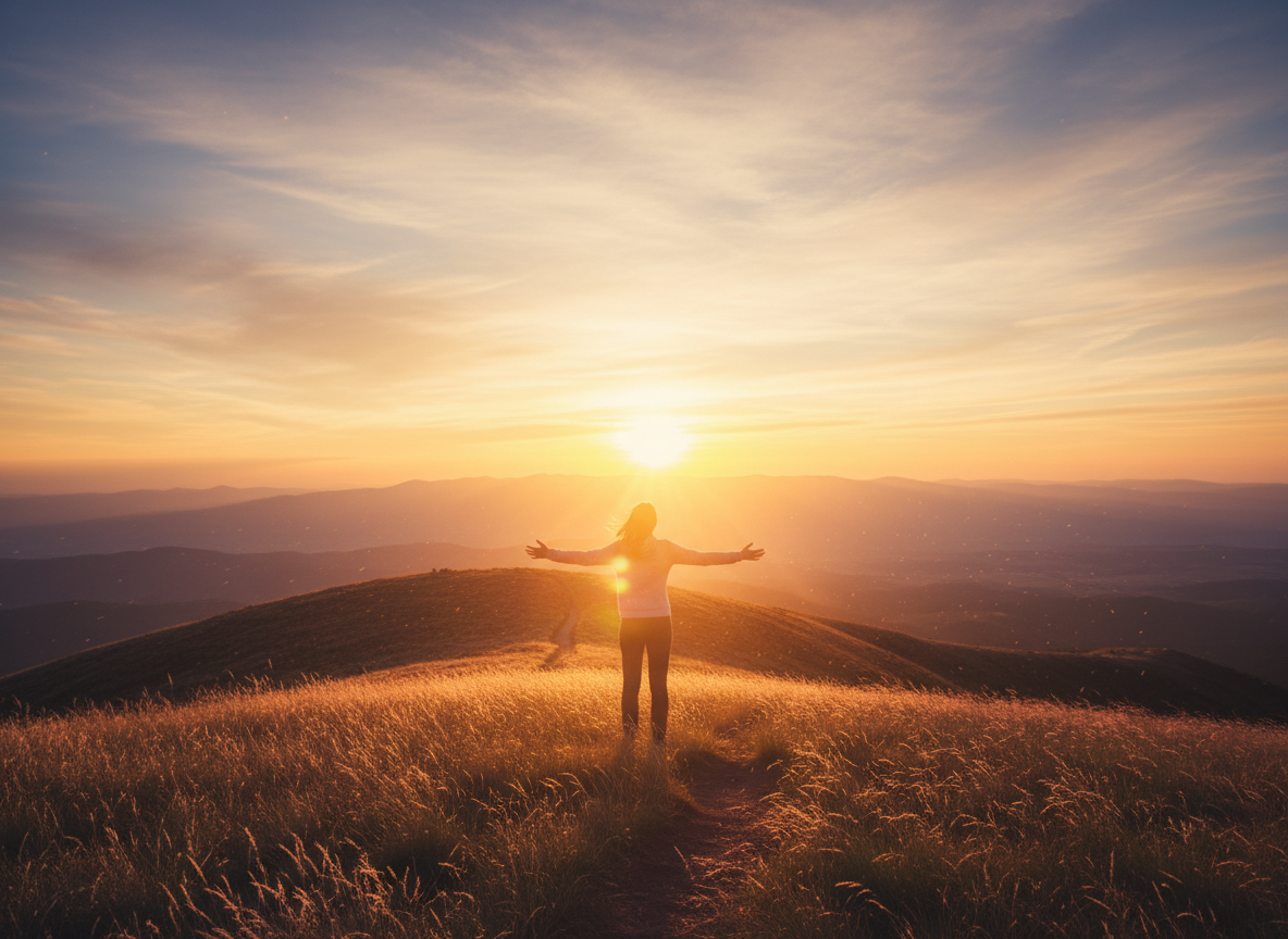 Person standing confidently looking toward bright horizon