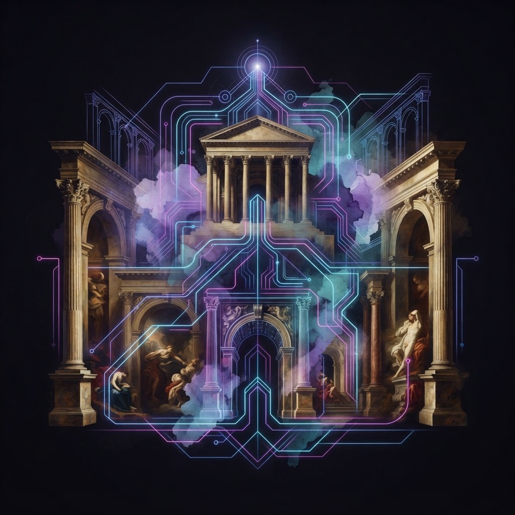 Abstract neon line-art depicting business expansion and AI strategy for enterprise leadership moving beyond experimentation.