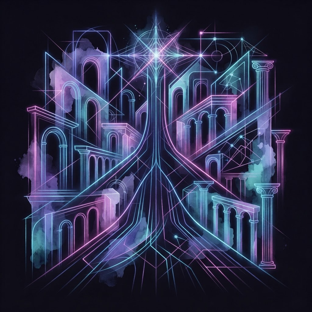 Abstract neon line art depicting architectural blueprints as a strategic roadmap for fractional AI leadership transformation.