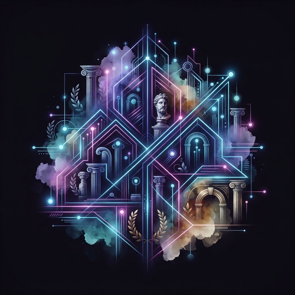 Abstract neon lines diverging from a sea of beige to represent fractional leadership reclaiming identity from AI