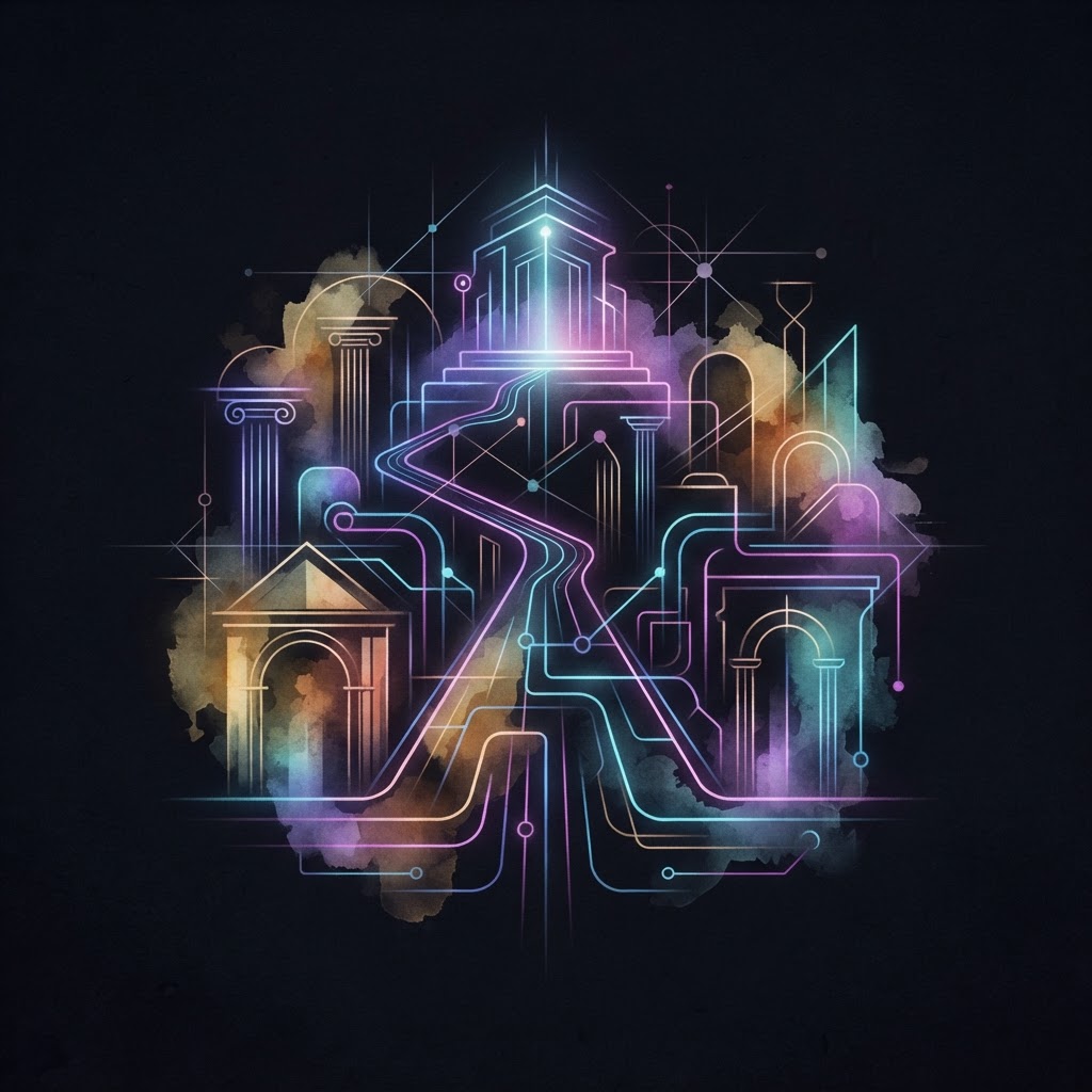 Abstract neon line art depicting a Fractional CxO guiding community strategy amid shifting Edmonton city mandates