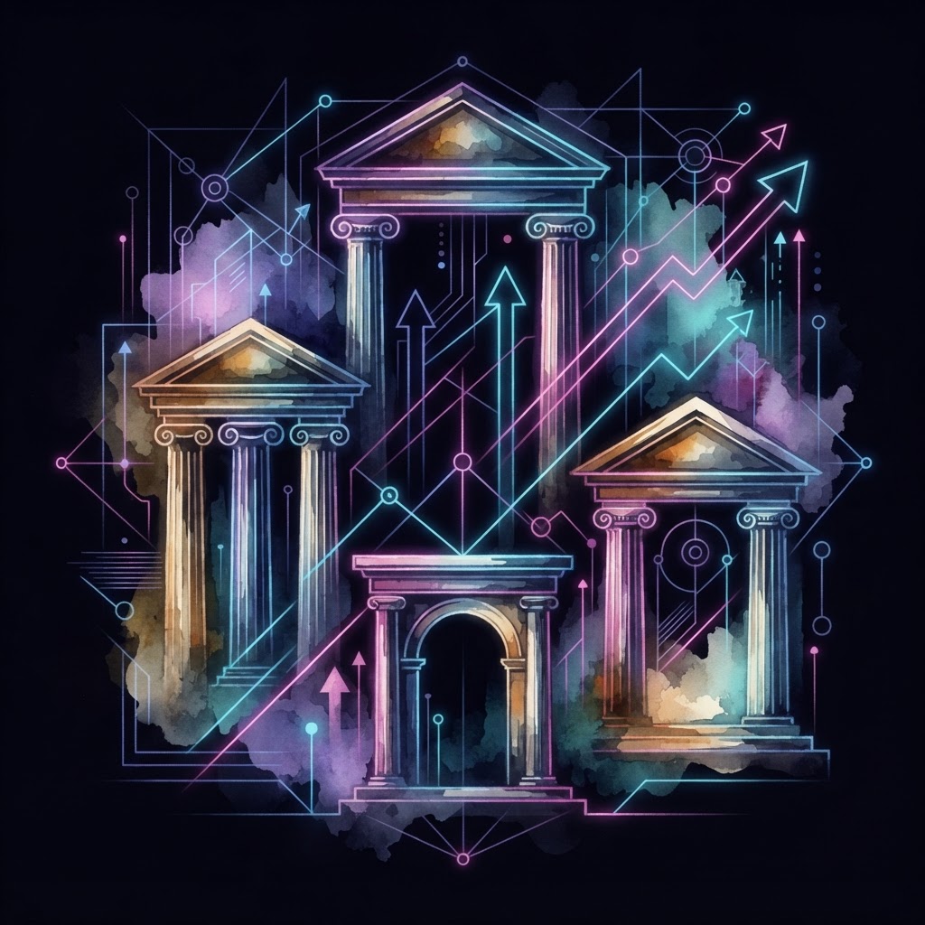 Abstract neon line art depicting a scalable framework for fractional AI leadership and strategic delivery.