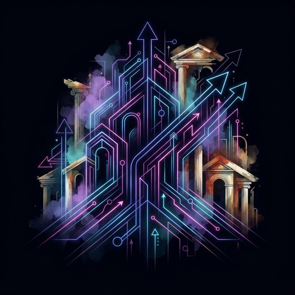 Abstract neon line art showing a bridge between AI pilot projects and business value with a fractional strategy architect.