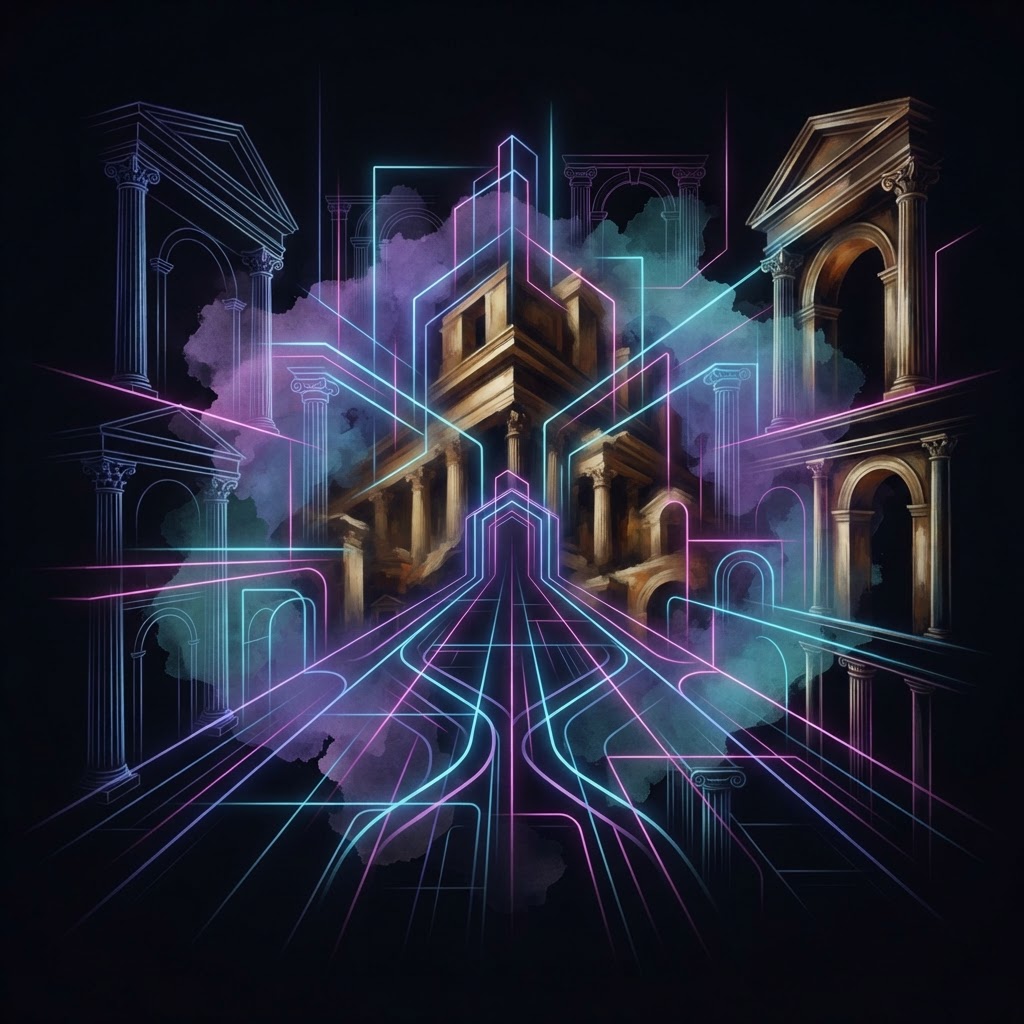 Abstract neon line art showing AI orchestration as a complex digital plumbing system for fractional strategy governance.