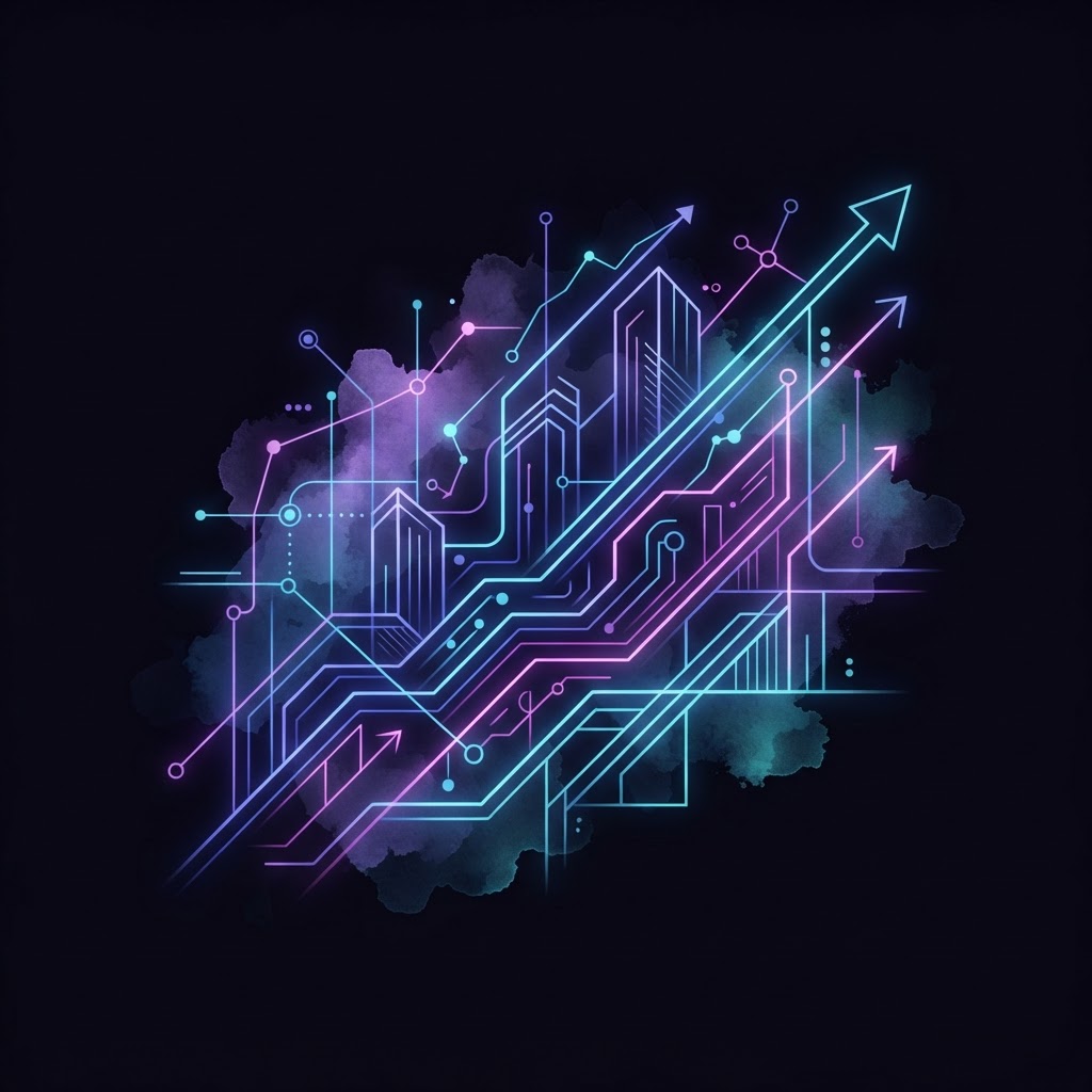 Abstract neon line art depicting a Fractional CAIO navigating New York City AI growth and executive strategic agility.
