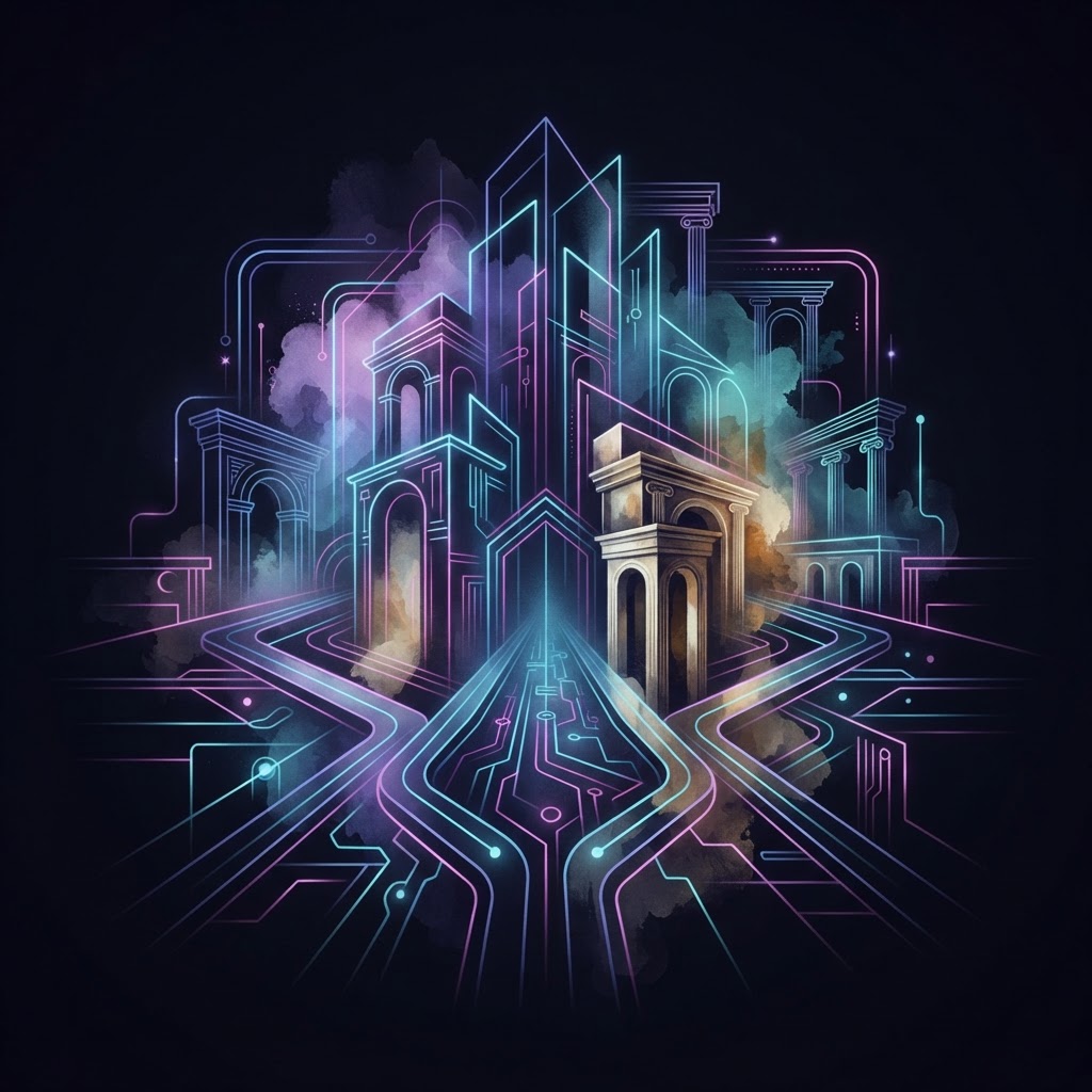 Abstract neon line-art representing a fractional CAIO overseeing digital infrastructure growth in Vancouver.