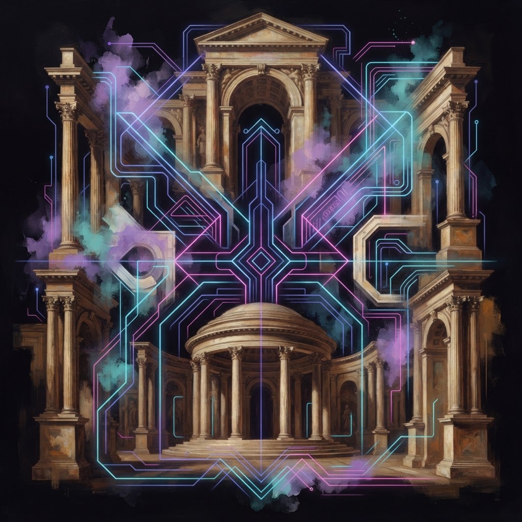 Neon line-art of a San Francisco city skyline blocked by digital infrastructure, symbolizing the need for a Fractional CAIO.