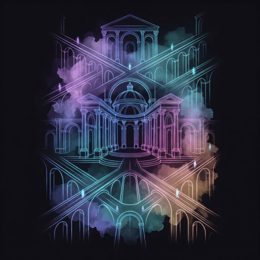 Abstract neon line-art representing AI-native organizational structure with a fractional architect leading strategy