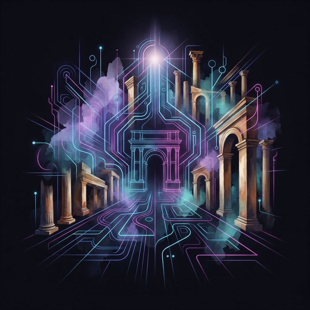 Abstract neon line-art showing a fractional leader guiding an AI agent system into a structural production redesign.