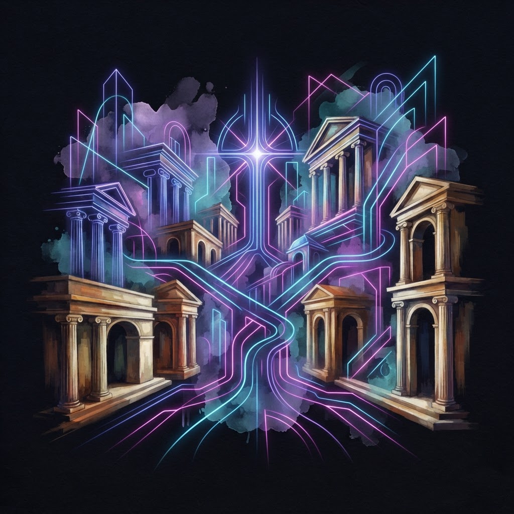 Abstract neon lines forming a structural framework representing AI scaling strategy and the role of fractional design.