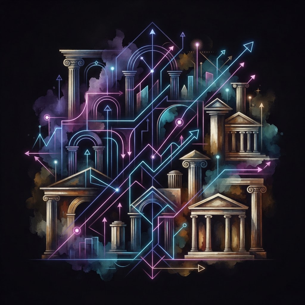 Abstract neon line art showing diverse human shapes disrupting a uniform grid to represent fractional product leadership.