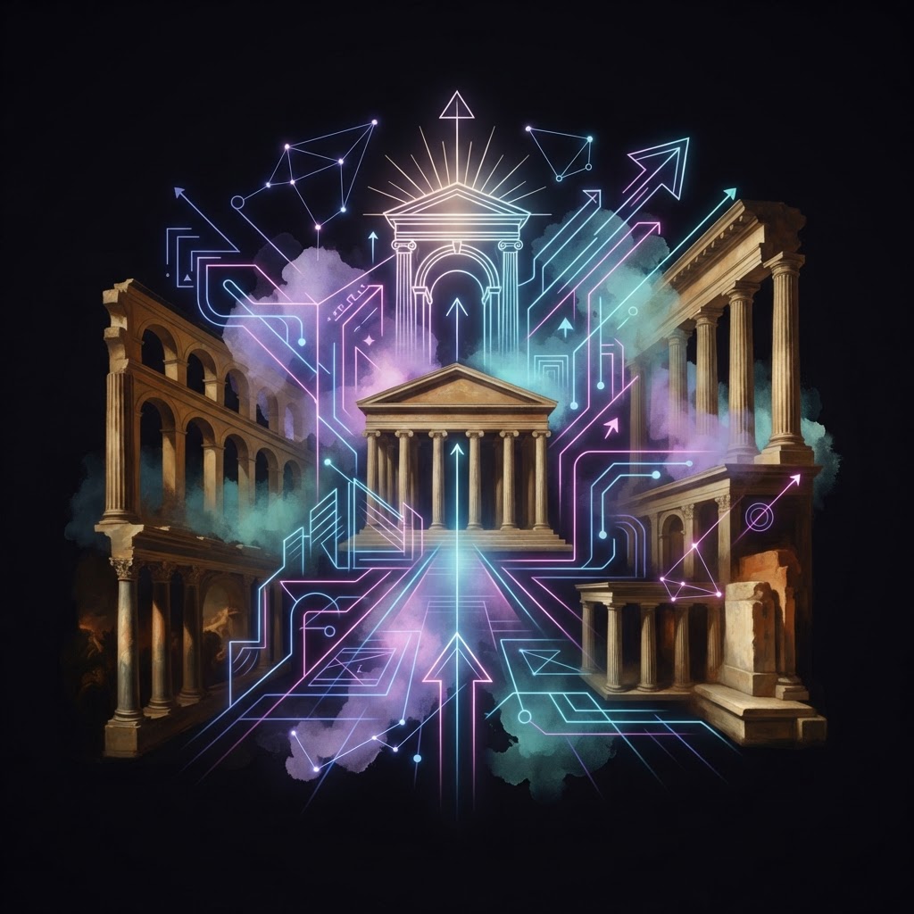 Abstract neon line-art visualizing data infrastructure connecting to AI models for an effective artificial intelligence roadm