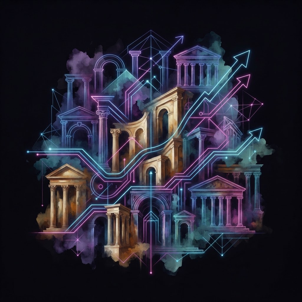 Abstract neon lines symbolizing business strategy and product focus as a Fractional CPO navigates Edmonton market shifts.