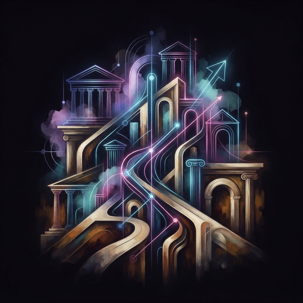 Abstract neon line-art depicting a human architect designing strategy amid AI tools to reclaim fractional leadership edge